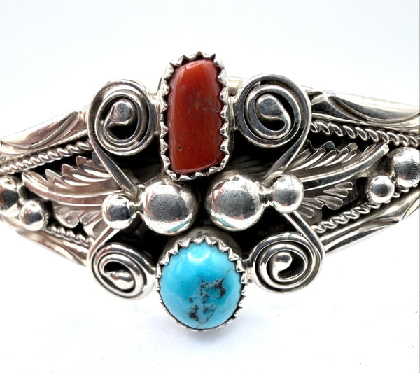 LARRY MCCORK NATIVE HANDMADE KINGMAN & CORAL ADJUSTABLE CUFF (LA 51)