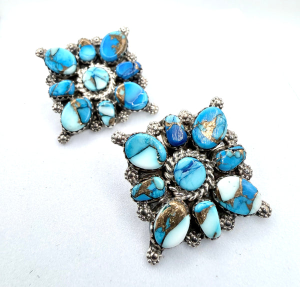 JASON BENALLY NATIVE HANDMADE BLUE DAHLIA CLUSTER SS POST BACK EARRINGS 1.5" (LA 52)