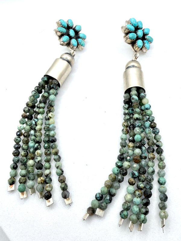 KINGMAN TURQUOISE CLUSTER FLOWER POST BACK SS EARRINGS WITH FACETED ROYSTON TURQUOISE TASSELS 5" (FP 1)