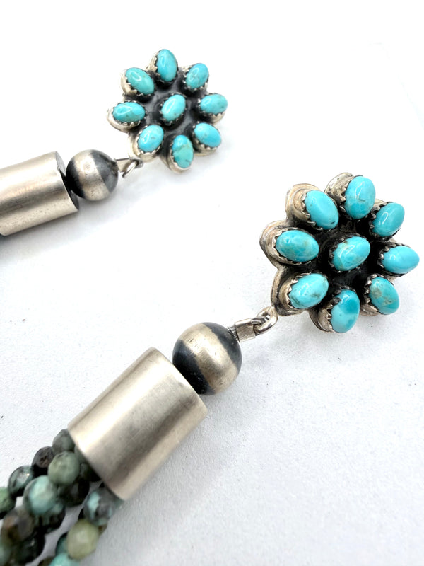 KINGMAN TURQUOISE CLUSTER FLOWER POST BACK SS EARRINGS WITH FACETED ROYSTON TURQUOISE TASSELS 5" (FP 1)