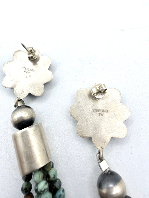KINGMAN TURQUOISE CLUSTER FLOWER POST BACK SS EARRINGS WITH FACETED ROYSTON TURQUOISE TASSELS 5" (FP 1)
