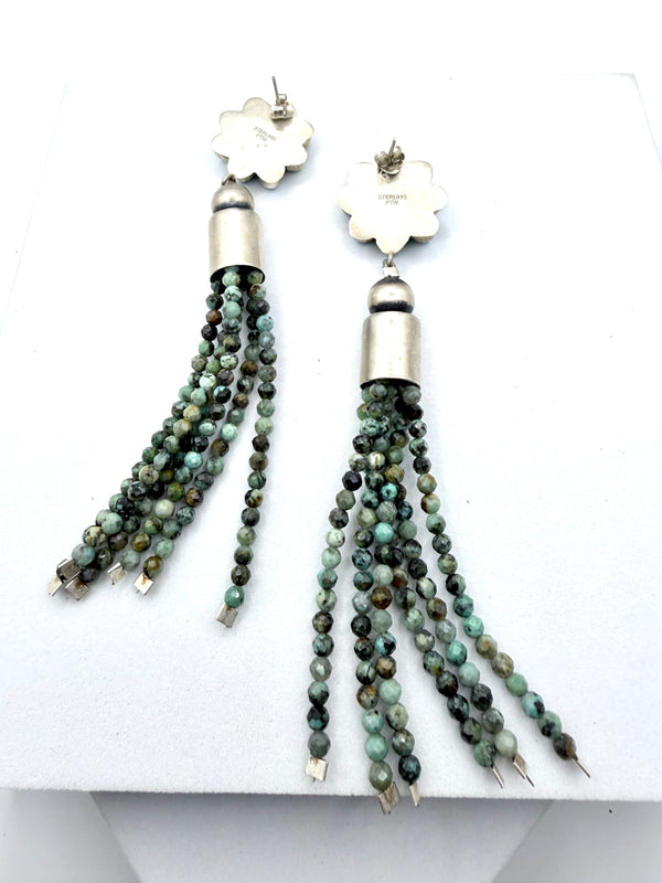 KINGMAN TURQUOISE CLUSTER FLOWER POST BACK SS EARRINGS WITH FACETED ROYSTON TURQUOISE TASSELS 5" (FP 1)
