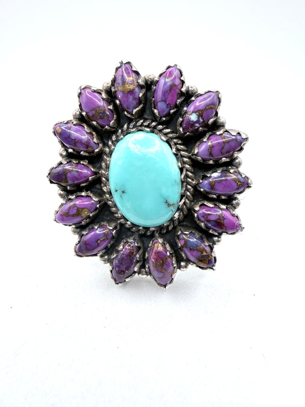 PURPLE MOHAVE & KINGMAN TURQUOISE CLUSTER ADJUSTABLE STERLING SILVER RING (FP 3)