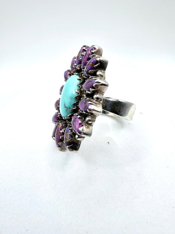 PURPLE MOHAVE & KINGMAN TURQUOISE CLUSTER ADJUSTABLE STERLING SILVER RING (FP 3)