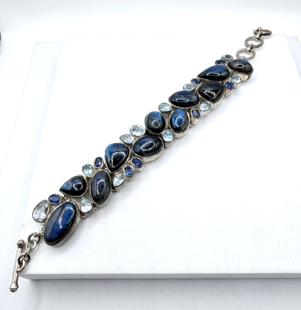 STERLING SILVER LABRADORITE BLUE SAPPHIRE & SKY BLUE TOPAZ MEGA TOGGLE BRACELET 6-8.5" (TC 11)
