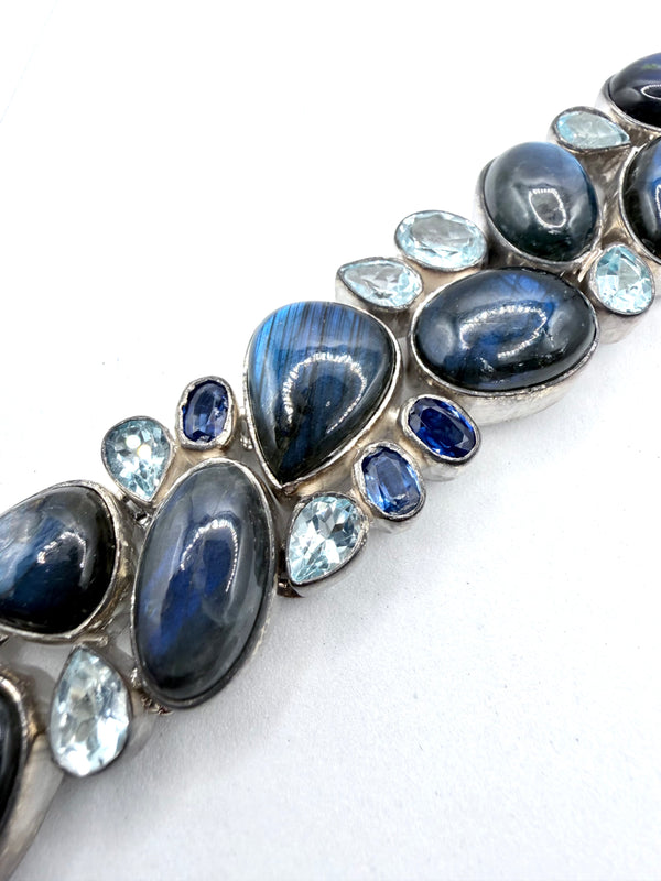 STERLING SILVER LABRADORITE BLUE SAPPHIRE & SKY BLUE TOPAZ MEGA TOGGLE BRACELET 6-8.5" (TC 11)