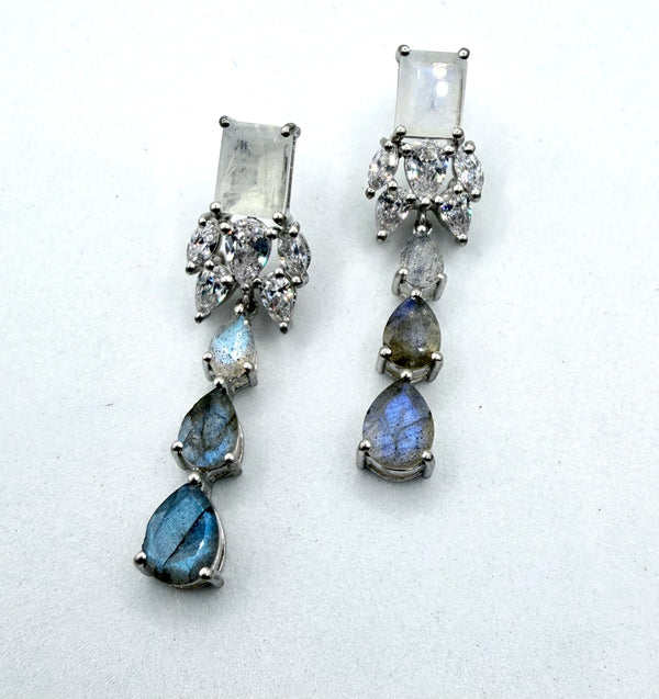 STERLING SILVER FACETED LABRADORITE WHITE TOPAZ & RAINBOW MOONSTONE POST BACK EARRINGS  (TC 12)