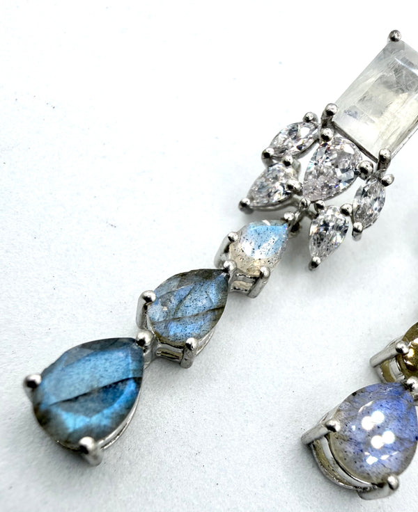 STERLING SILVER FACETED LABRADORITE WHITE TOPAZ & RAINBOW MOONSTONE POST BACK EARRINGS  (TC 12)