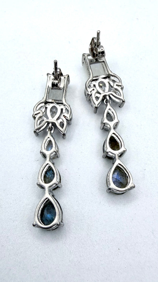 STERLING SILVER FACETED LABRADORITE WHITE TOPAZ & RAINBOW MOONSTONE POST BACK EARRINGS  (TC 12)