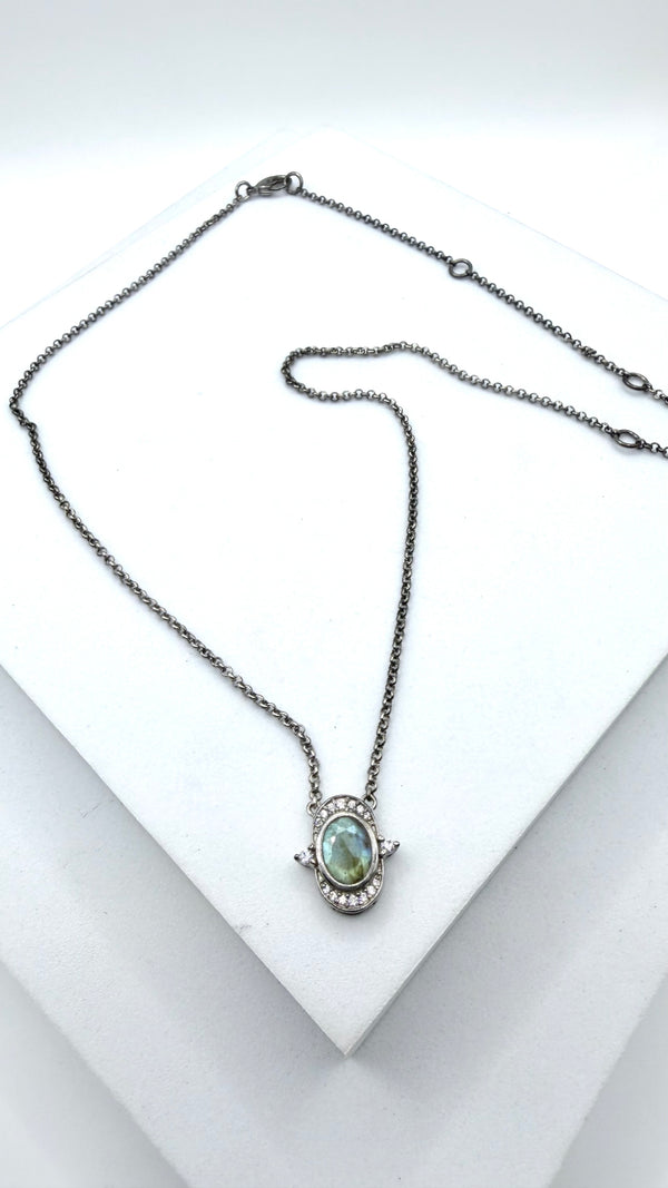 LABRADORITE & WHITE TOPAZ STERLING SILVER NECKLACE 16-22" (TC 13)