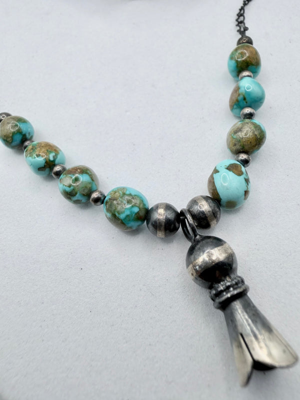 NATIVE HANDMADE SONORAN GOLD TURQUOISE BLOSSOM NECKLACE 18" (LA 63)
