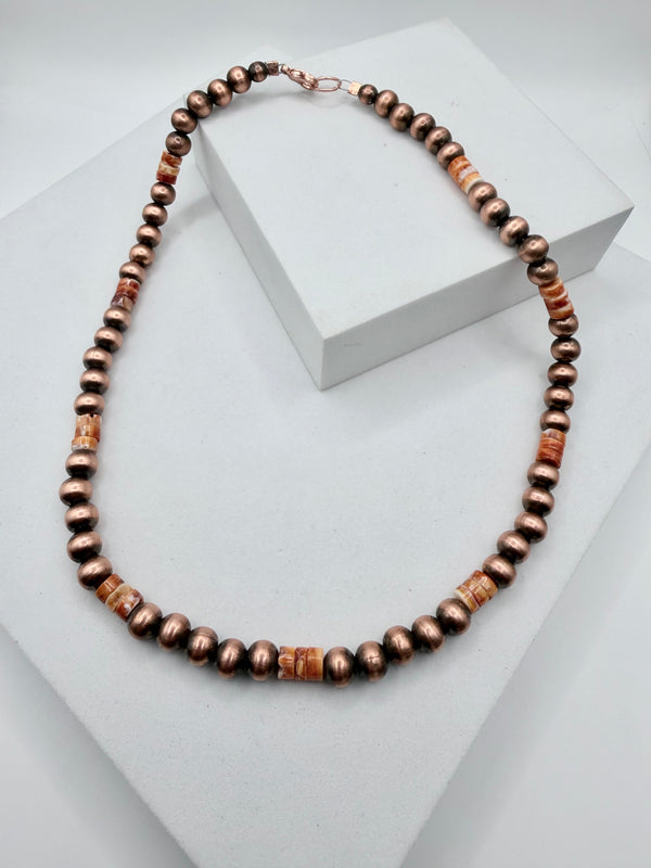 ORANGE SPINY OYSTER & COPPER PEARLS NECKLACE 18" (BA 3)