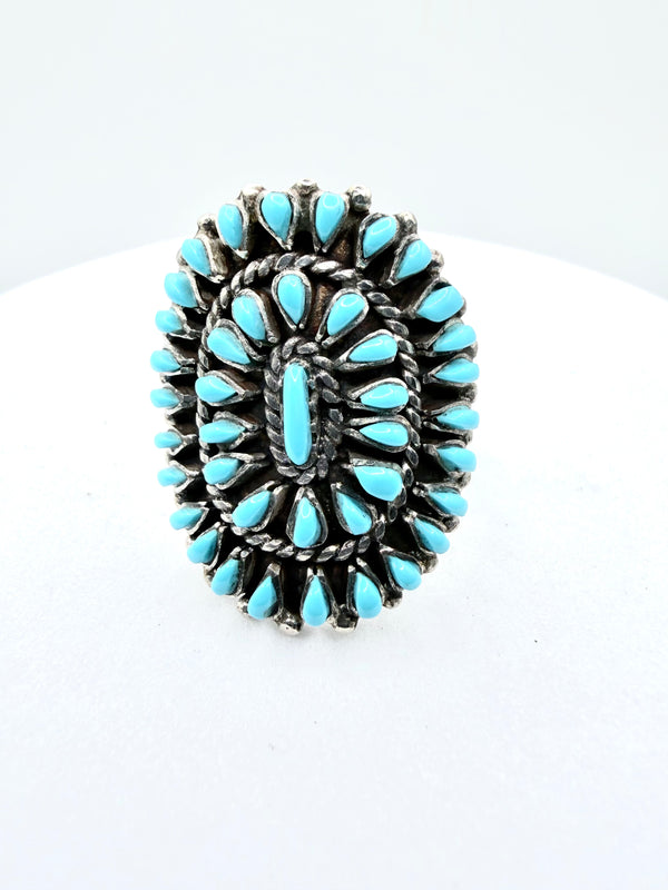SLEEPING BEAUTY TURQUOISE STERLING SILVER NEEDLE POINT CONCHO RING SIZE 8" (TC 27)