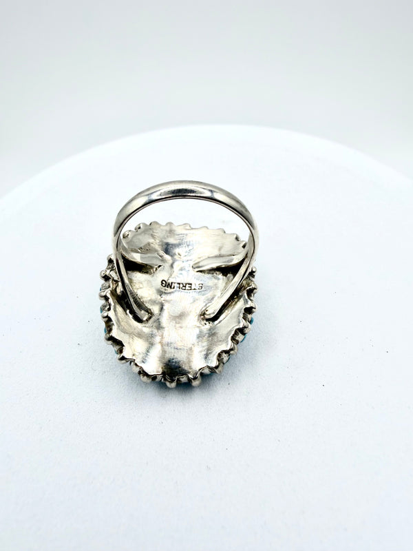 SLEEPING BEAUTY TURQUOISE STERLING SILVER NEEDLE POINT CONCHO RING SIZE 8" (TC 27)