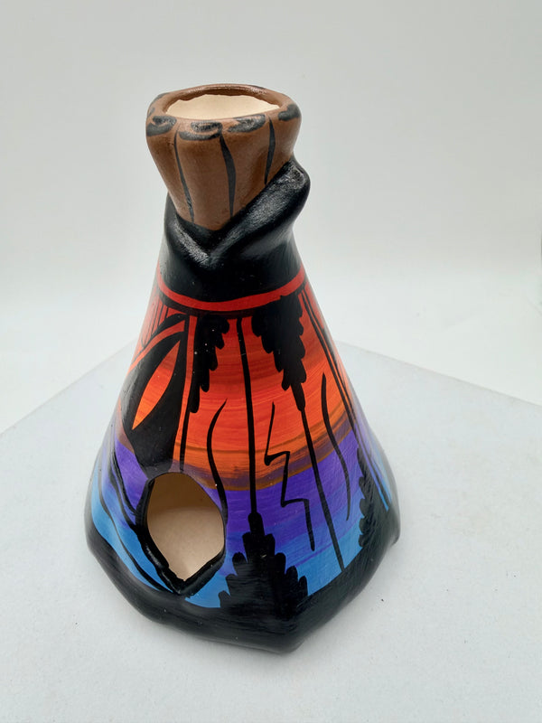 VICTORIA TSOSIE NATIVE HANDMADE HAND-PAINTED TEEPEE CERAMIC TEALIGHT HOLDER (LA 53)