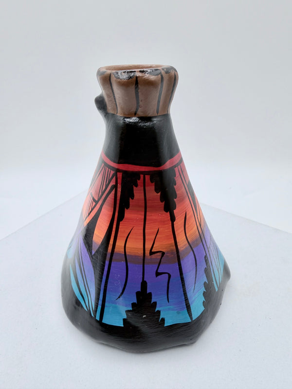 VICTORIA TSOSIE NATIVE HANDMADE HAND-PAINTED TEEPEE CERAMIC TEALIGHT HOLDER (LA 53)
