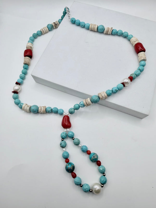 KINGMAN TURQUOISE FRESHWATER PEARLS WITH MEDITERRANEAN CORAL ACCENT JOCLA 21" (LA 54)