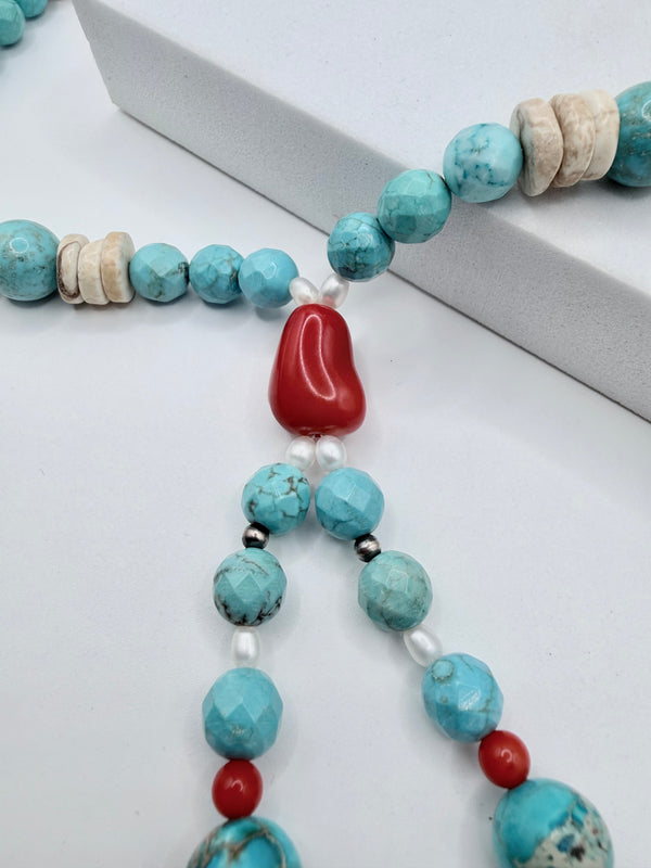 KINGMAN TURQUOISE FRESHWATER PEARLS WITH MEDITERRANEAN CORAL ACCENT JOCLA 21" (LA 54)