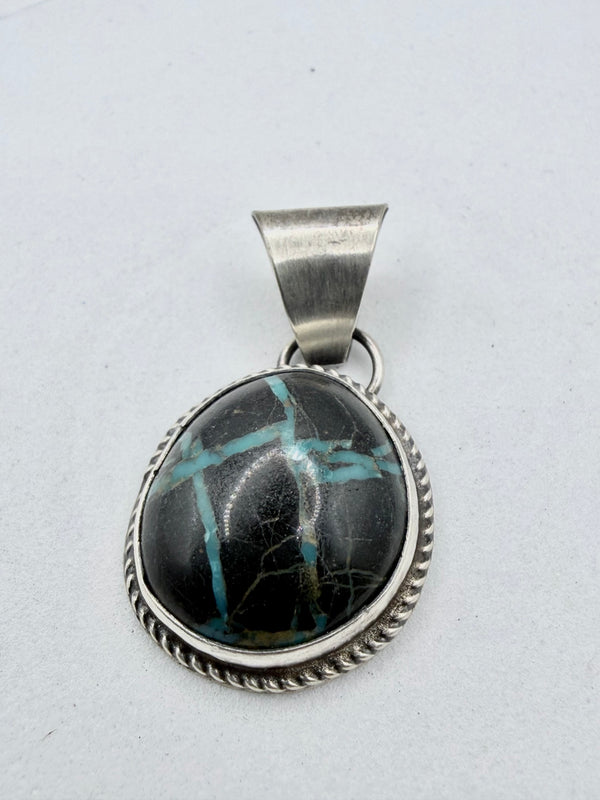 G. RIOS NATIVE HANDMADE BLACKJACK TURQUOISE OVAL PENDANT 1 1/4"(JR 186)