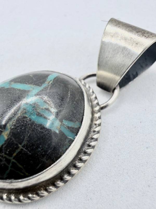 G. RIOS NATIVE HANDMADE BLACKJACK TURQUOISE OVAL PENDANT 1 1/4"(JR 186)