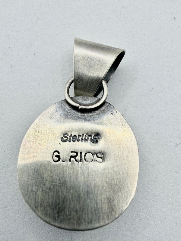 G. RIOS NATIVE HANDMADE BLACKJACK TURQUOISE OVAL PENDANT 1 1/4"(JR 186)