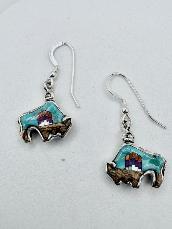 MULTISTONES INLAY SPACE BISON FISHHOOK DOUBLE SIDED EARRINGS (JR 190)