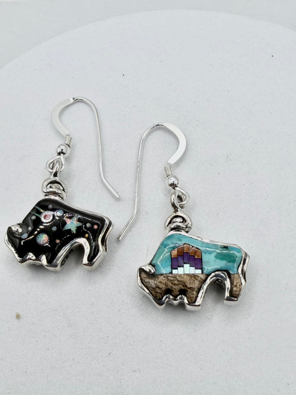 MULTISTONES INLAY SPACE BISON FISHHOOK DOUBLE SIDED EARRINGS (JR 190)