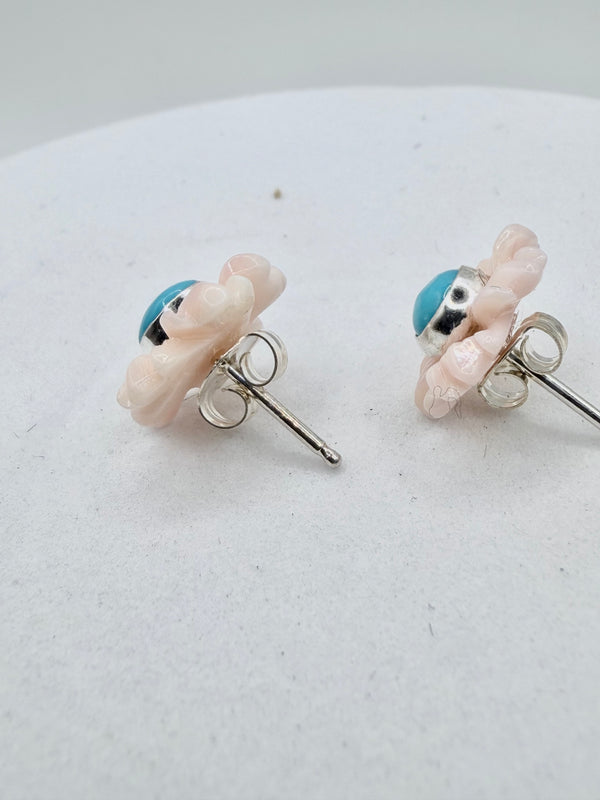 PINK CONCH & SLEEPING BEAUTY TURQUOISE POST BACK EARRINGS (JR 192)