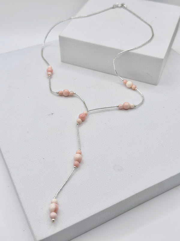 STERLING LIQUID SILVER & GRADUATED PINK CONCH PEARLS LARIAT 18" DROP 4" (JR 193)