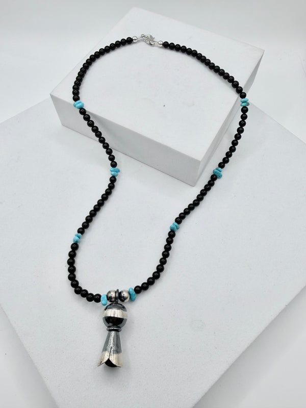 BLACK ONYX PEARLS & KINGMAN BEADED BLOSSOM NECKLACE 18" (JR 196)