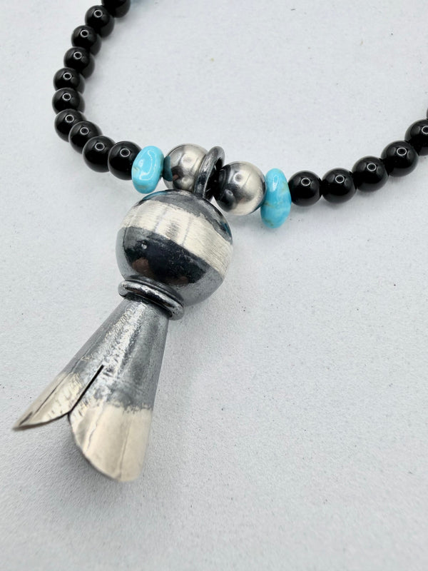 BLACK ONYX PEARLS & KINGMAN BEADED BLOSSOM NECKLACE 18" (JR 196)