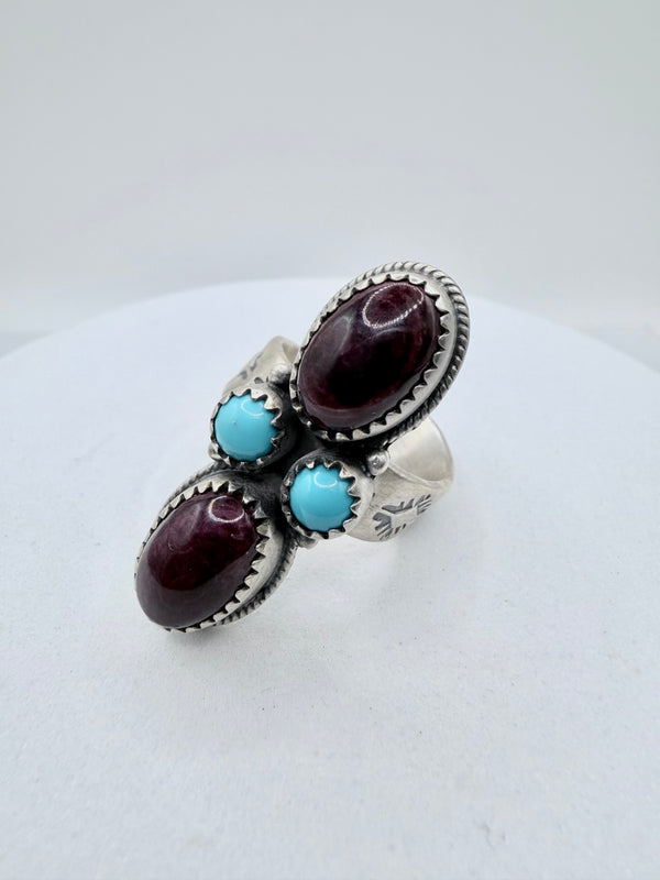 ZIA NATIVE HANDMADE PURPLE SPINY OYSTER & SLEEPING BEAUTY TURQUOISE ADJUSTABLE SS RING (JR 169)
