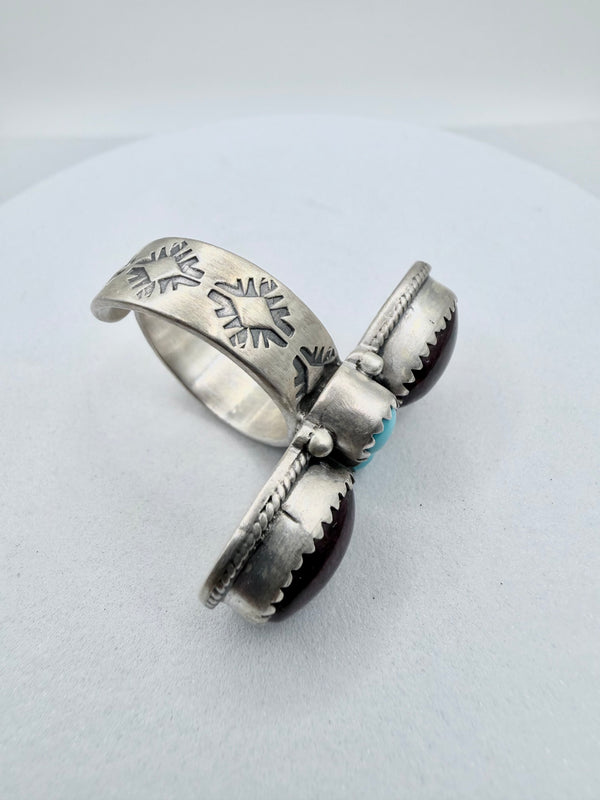 ZIA NATIVE HANDMADE PURPLE SPINY OYSTER & SLEEPING BEAUTY TURQUOISE ADJUSTABLE SS RING (JR 169)