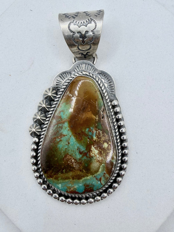 GILBERT PLATERO PILOT MOUNTAIN TURQUOISE NATIVE HANDMADE SS PENDANT (JR 173)