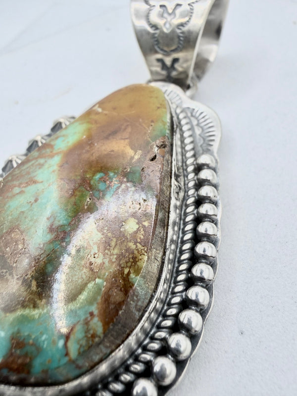 GILBERT PLATERO PILOT MOUNTAIN TURQUOISE NATIVE HANDMADE SS PENDANT (JR 173)
