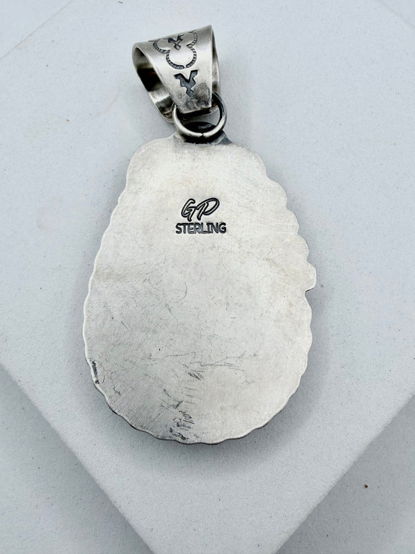 GILBERT PLATERO PILOT MOUNTAIN TURQUOISE NATIVE HANDMADE SS PENDANT (JR 173)