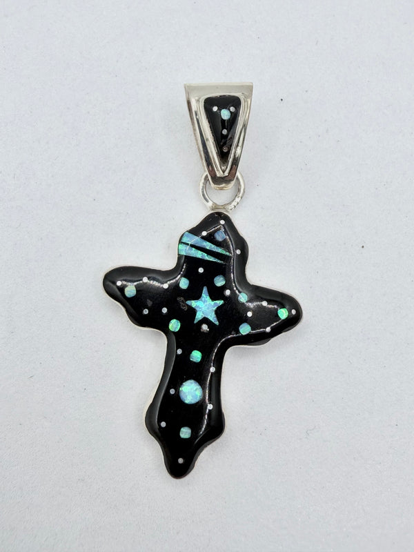SPACE INLAY BLACK ONYX & SPIDER OPAL CROSS SS PENDANT (JR 177)