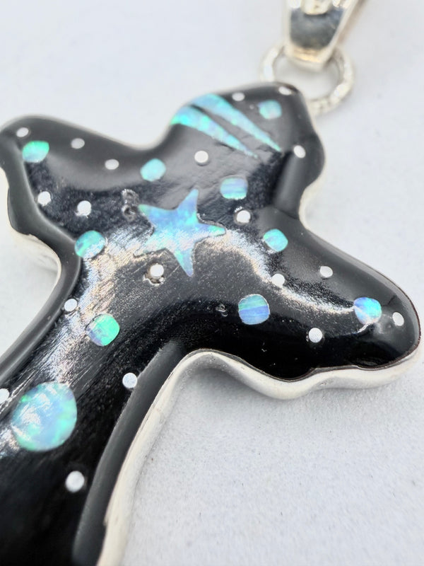 SPACE INLAY BLACK ONYX & SPIDER OPAL CROSS SS PENDANT (JR 177)