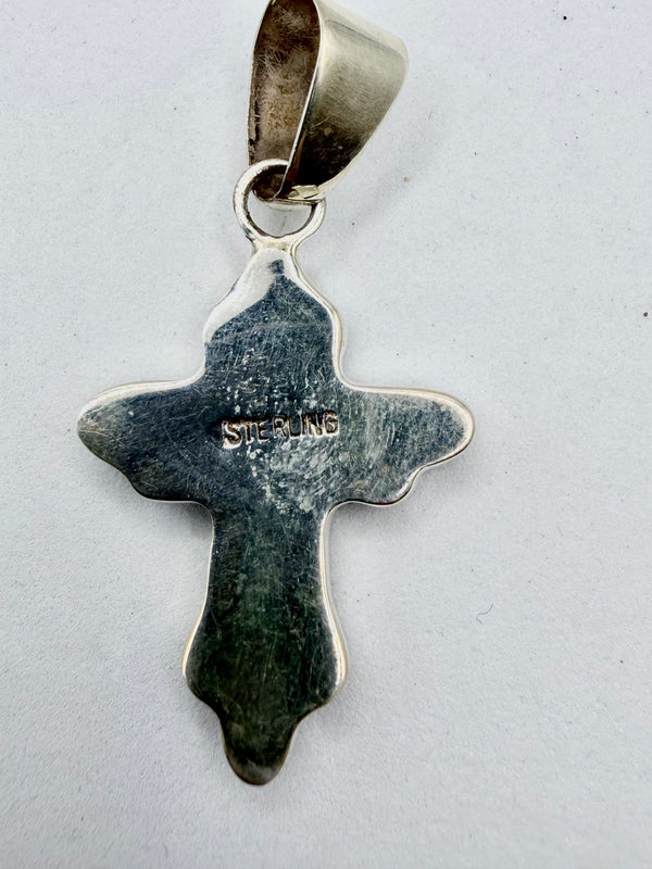 SPACE INLAY BLACK ONYX & SPIDER OPAL CROSS SS PENDANT (JR 177)