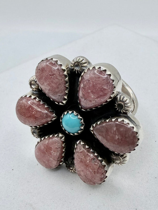 ARGENTINE RHODOCHROSITE & SLEEPING BEAUTY TURQUOISE SS ADJUSTABLE RING (JR 180)