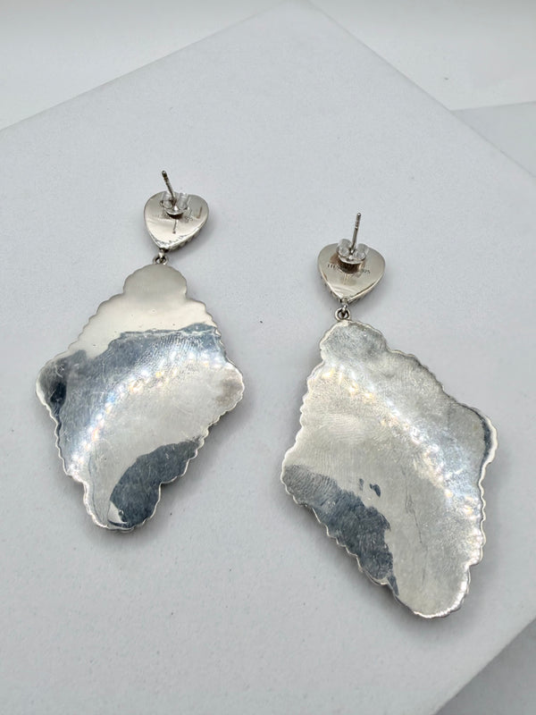 KINGMAN TURQUOISE & STERLING SILVER POST BACK STATEMENT EARRINGS 3" (JR 182)