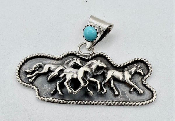 DEBRA WACONDA NATIVE HANDMADE SLEEPING BEAUTY TURQUOISE HORSE PENDANT 2X1" (JR 183)