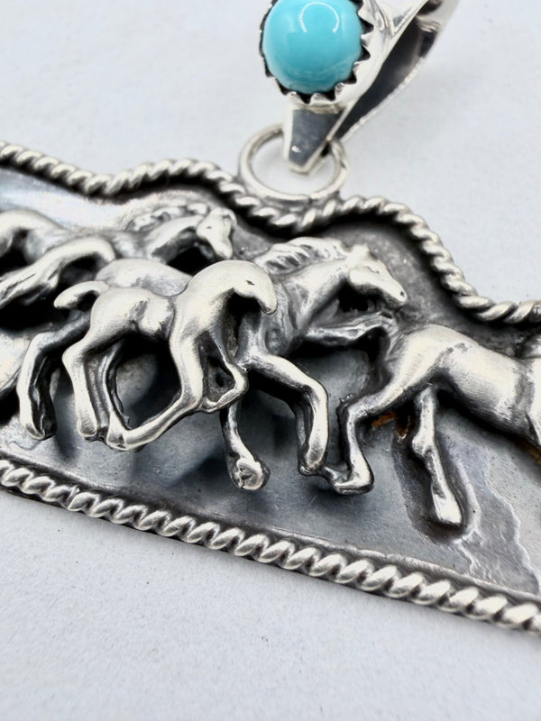 DEBRA WACONDA NATIVE HANDMADE SLEEPING BEAUTY TURQUOISE HORSE PENDANT 2X1" (JR 183)