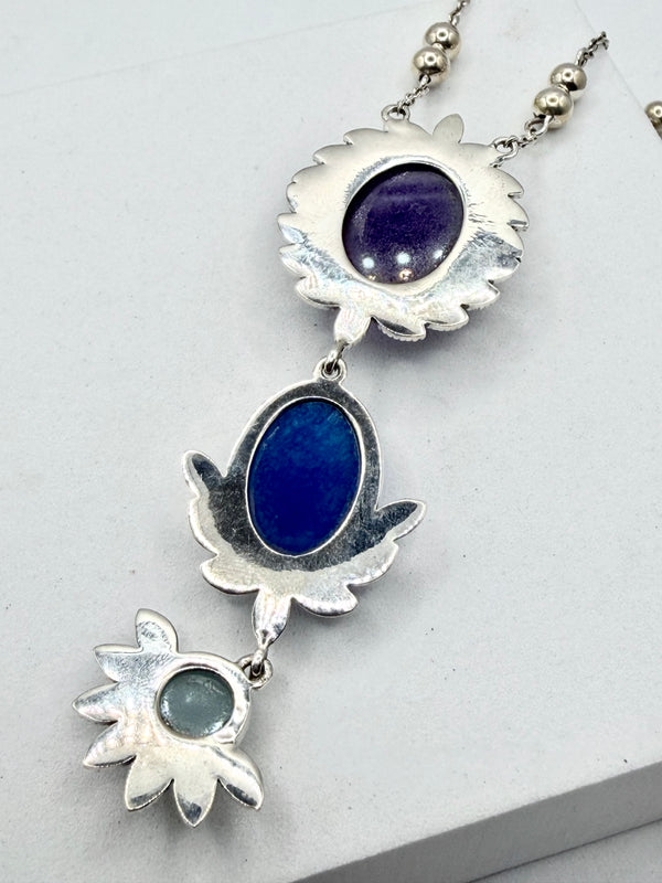 MULTISTONES AMETHYST CHALCEDONY & MOONSTONE SS DROP NECKLACE (JR 163)