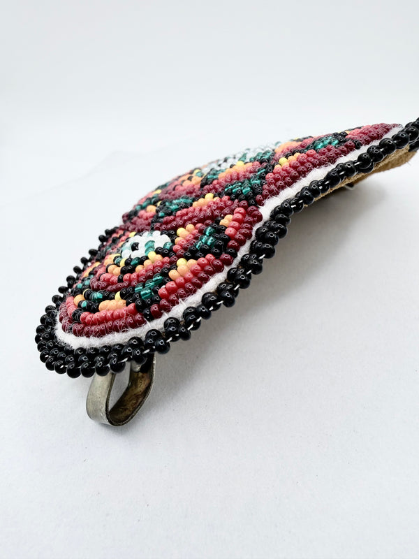 NATIVE CHEROKEE SEED-BEAD FLORAL BARRETTE WITH LEATHER BACKING 4x2.5" (LL 63)