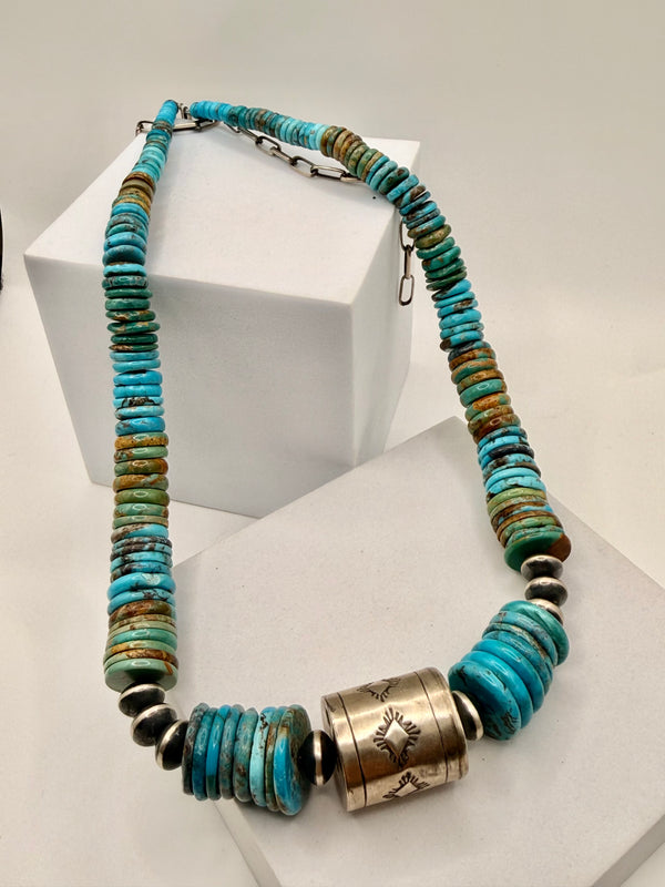 NATIVE HANDMADE MULTITURQUOISE ADJUSTABLE SHOTGUNSHELL NECKLACE UP TO 34" (MM 45)