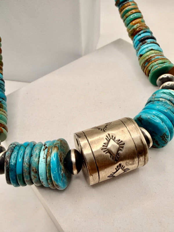 NATIVE HANDMADE MULTITURQUOISE ADJUSTABLE SHOTGUNSHELL NECKLACE UP TO 34" (MM 45)